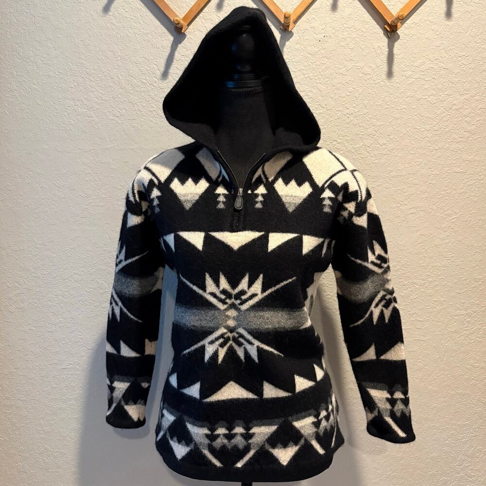 LAUREN RALPH LAUREN Women's 100% LAMBSWOOL Hoodie Cream/Black Sz P/M Winterwear